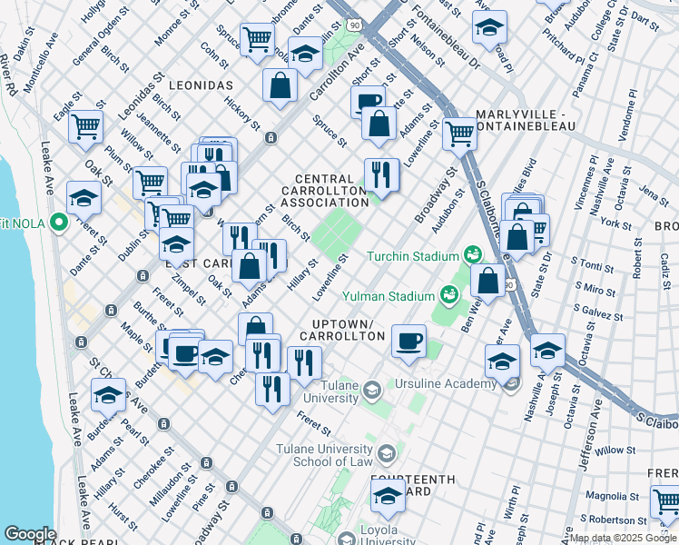 map of restaurants, bars, coffee shops, grocery stores, and more near 7302 Birch Street in New Orleans