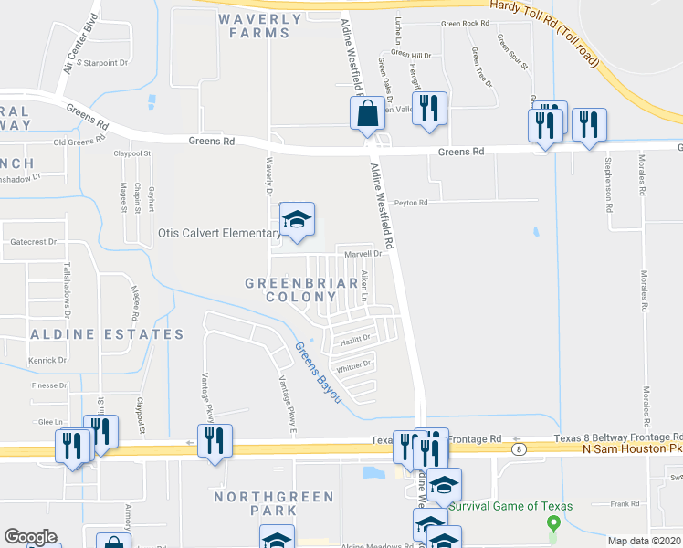 map of restaurants, bars, coffee shops, grocery stores, and more near 15610 Martineau Street in Houston