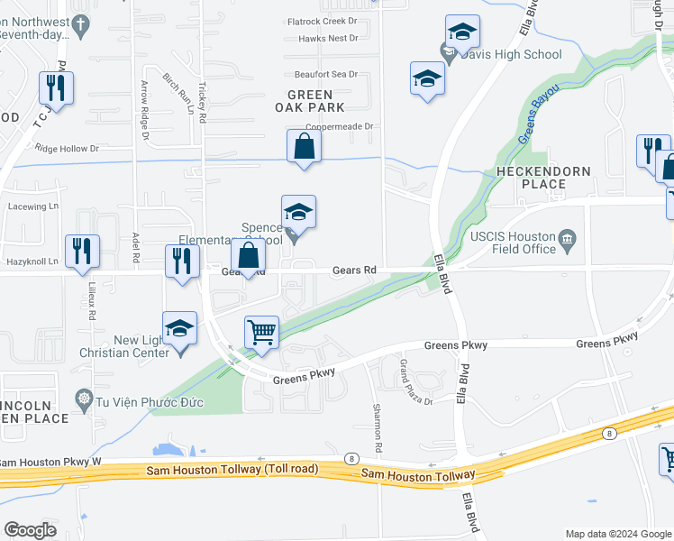 map of restaurants, bars, coffee shops, grocery stores, and more near 1333 Gears Road in Houston