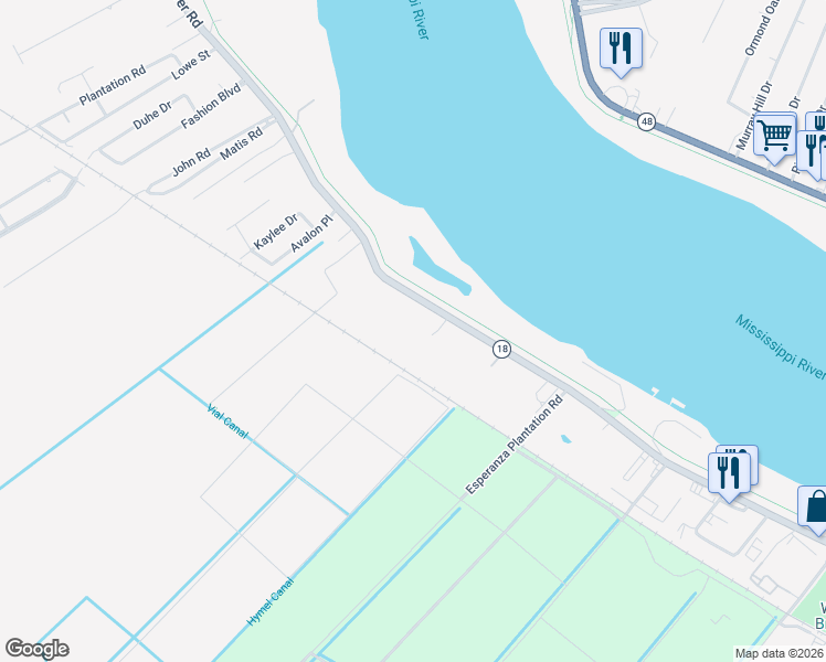 map of restaurants, bars, coffee shops, grocery stores, and more near 14147 River Road in Luling