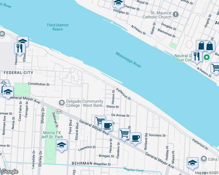 map of restaurants, bars, coffee shops, grocery stores, and more near 3234 Homer Street in New Orleans