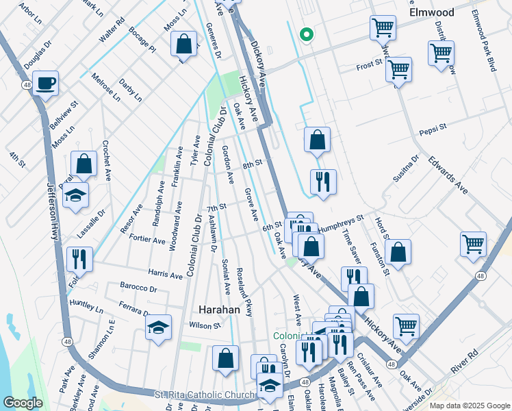 map of restaurants, bars, coffee shops, grocery stores, and more near 663 Grove Avenue in Harahan