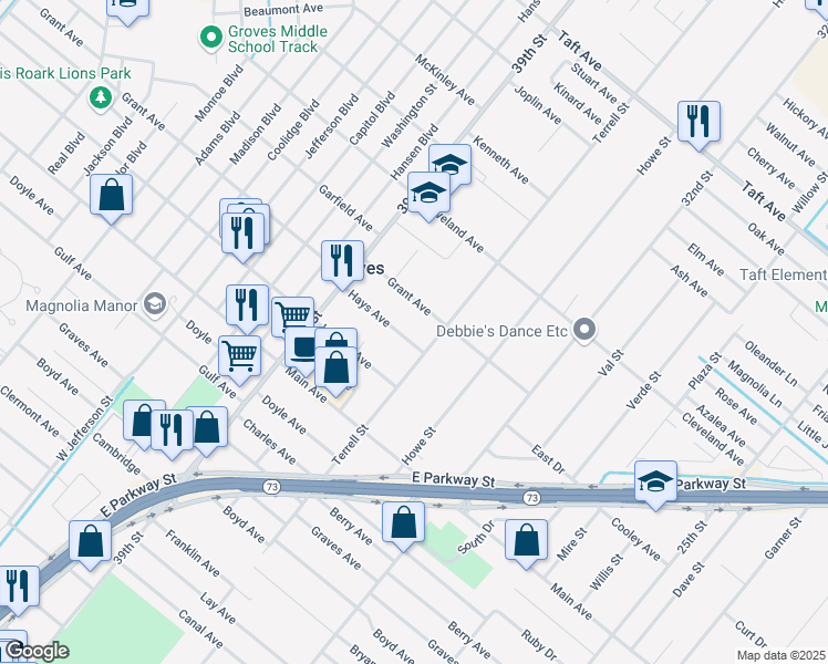 map of restaurants, bars, coffee shops, grocery stores, and more near 3724 Hays Avenue in Groves