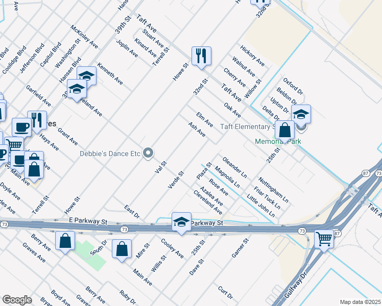 map of restaurants, bars, coffee shops, grocery stores, and more near 6591 Verde Street in Groves