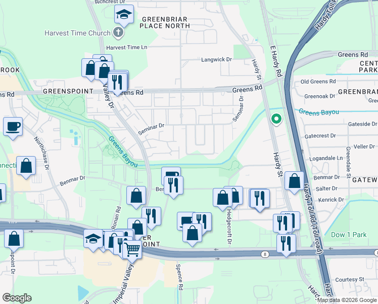 map of restaurants, bars, coffee shops, grocery stores, and more near 17002 Mynor Woods Lane in Houston