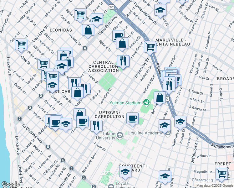 map of restaurants, bars, coffee shops, grocery stores, and more near 1634 Broadway Street in New Orleans