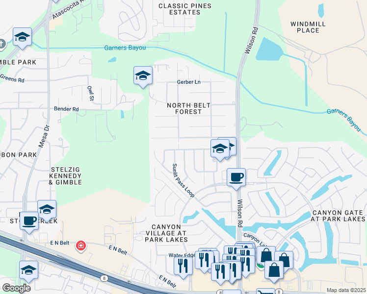 map of restaurants, bars, coffee shops, grocery stores, and more near 9307 Black Tooth Way in Humble