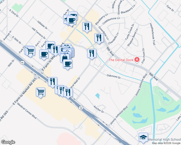 map of restaurants, bars, coffee shops, grocery stores, and more near 3280 Central Mall Drive in Port Arthur