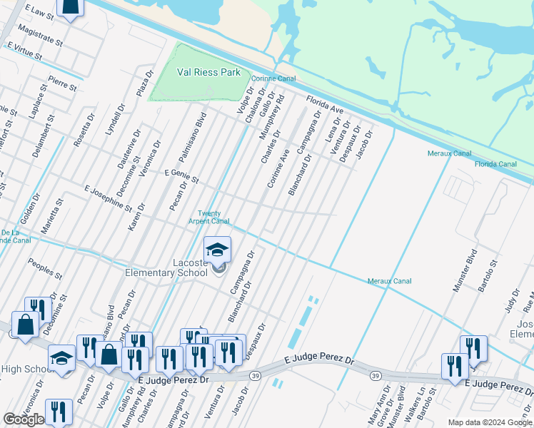 map of restaurants, bars, coffee shops, grocery stores, and more near 3512 Campagna Drive in Chalmette