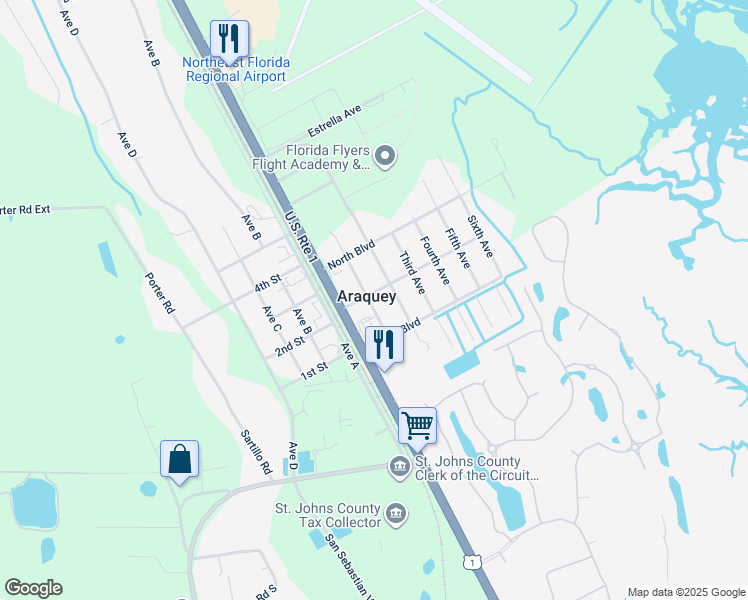 map of restaurants, bars, coffee shops, grocery stores, and more near 4588 U.S. 1 in St. Augustine