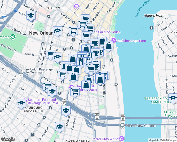 map of restaurants, bars, coffee shops, grocery stores, and more near 731 Tchoupitoulas Street in New Orleans