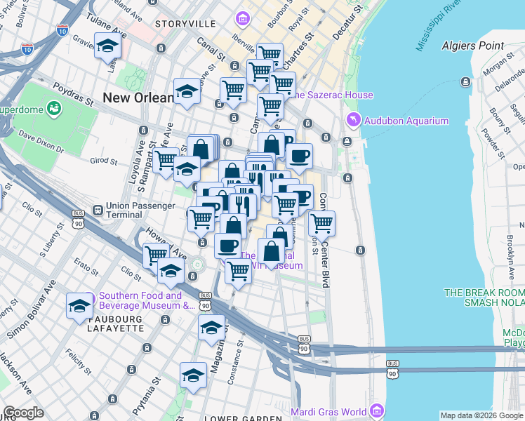 map of restaurants, bars, coffee shops, grocery stores, and more near 755 Magazine Street in New Orleans