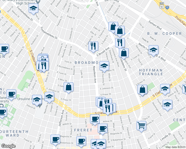 map of restaurants, bars, coffee shops, grocery stores, and more near 3615 Jena Street in New Orleans