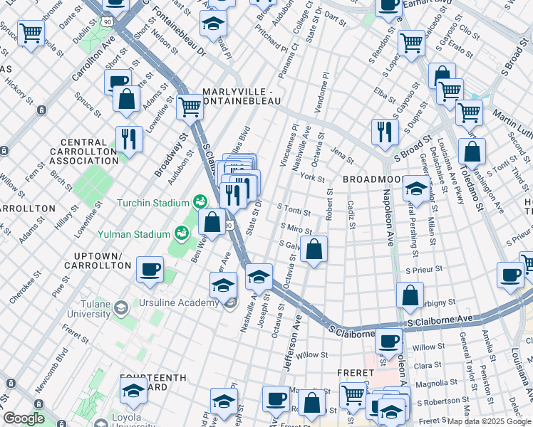 map of restaurants, bars, coffee shops, grocery stores, and more near 3308 Nashville Avenue in New Orleans