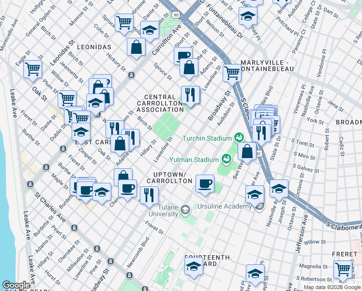 map of restaurants, bars, coffee shops, grocery stores, and more near 1634 Broadway Street in New Orleans
