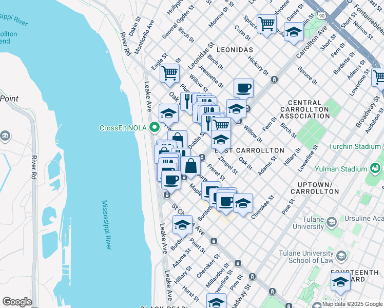 map of restaurants, bars, coffee shops, grocery stores, and more near 8112 Freret Street in New Orleans