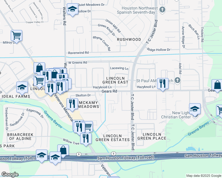 map of restaurants, bars, coffee shops, grocery stores, and more near 2403 Hazyknoll Lane in Houston