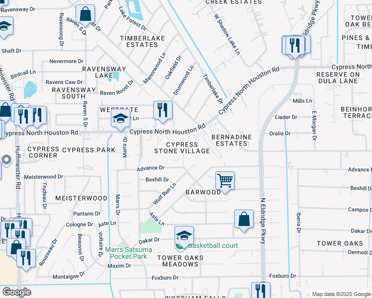 map of restaurants, bars, coffee shops, grocery stores, and more near 11810 Chetman Drive in Houston