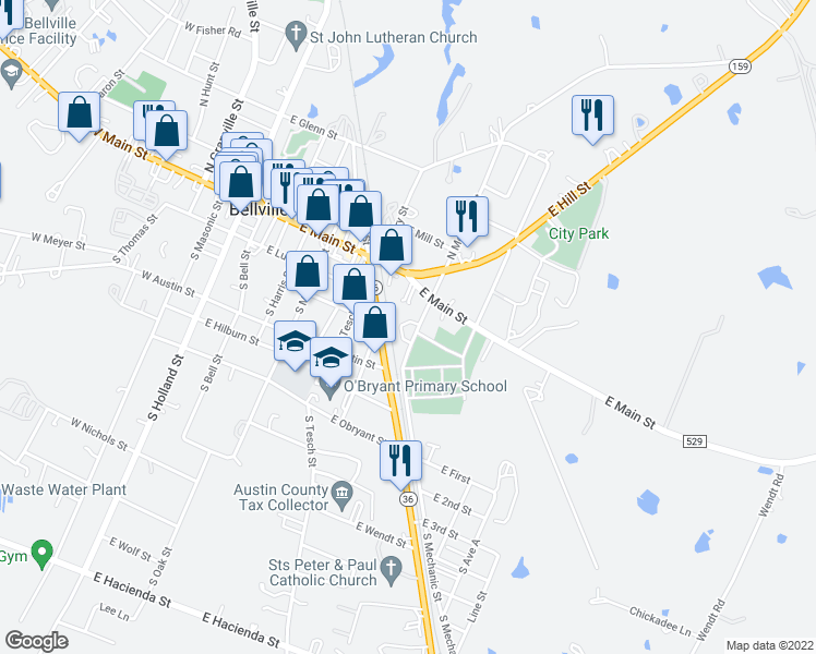 map of restaurants, bars, coffee shops, grocery stores, and more near 110 South Front Street in Bellville