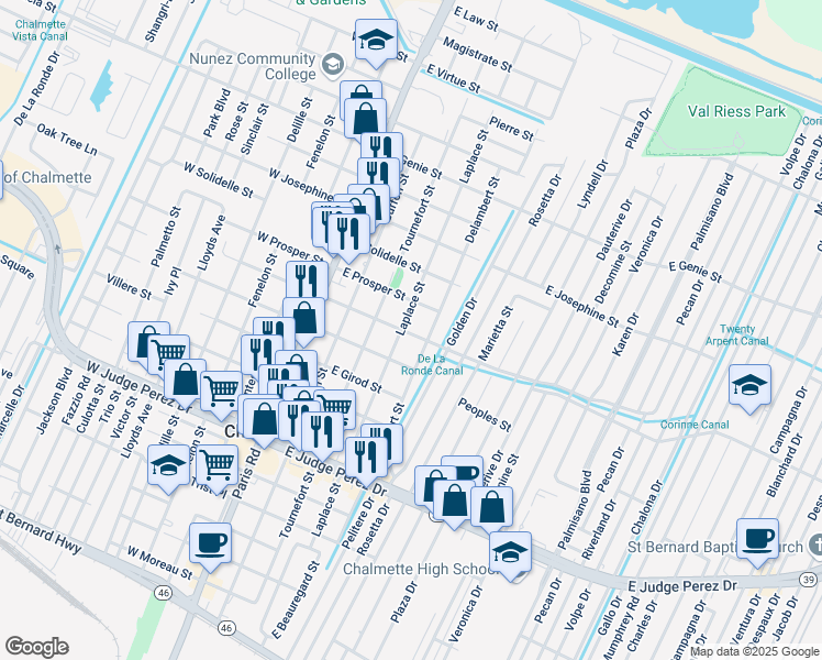 map of restaurants, bars, coffee shops, grocery stores, and more near 409 East Street Avide Street in Chalmette