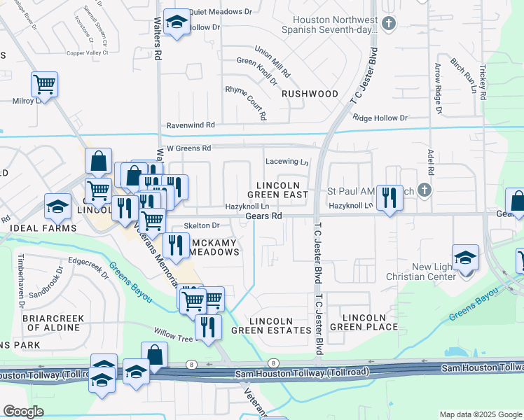 map of restaurants, bars, coffee shops, grocery stores, and more near 2403 Hazyknoll Lane in Houston