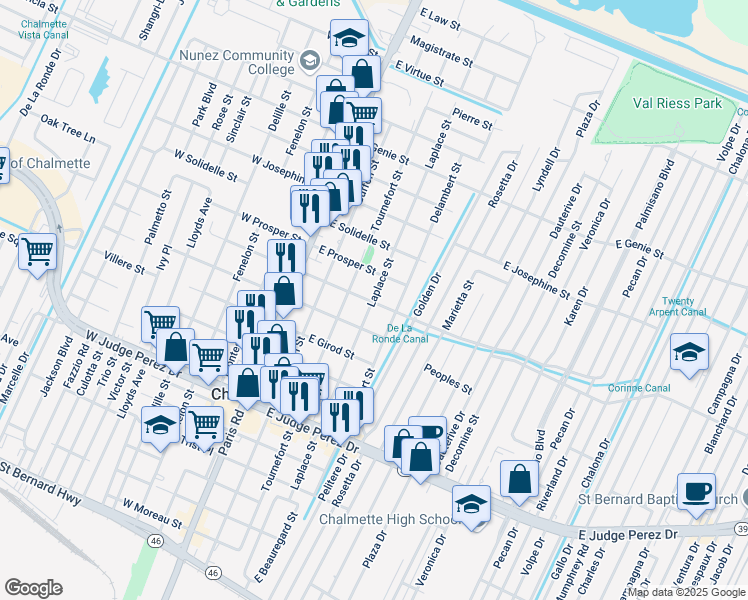 map of restaurants, bars, coffee shops, grocery stores, and more near 409 East Street Avide Street in Chalmette