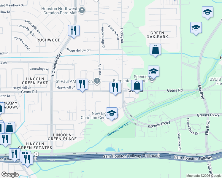 map of restaurants, bars, coffee shops, grocery stores, and more near 1523 Chestnut Tree Lane in Houston
