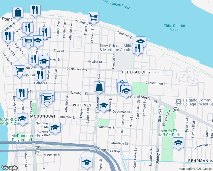map of restaurants, bars, coffee shops, grocery stores, and more near 901 Hendee Street in New Orleans