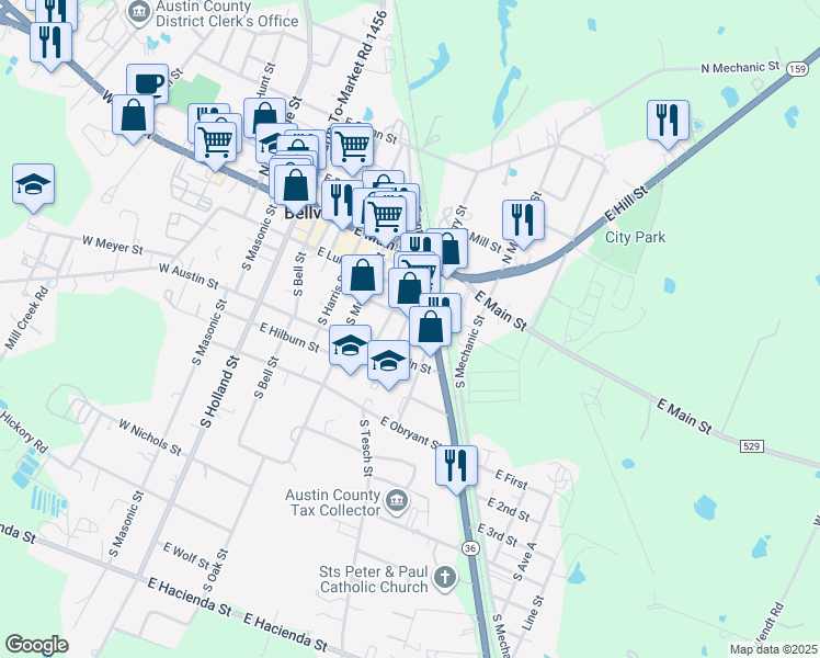 map of restaurants, bars, coffee shops, grocery stores, and more near 215 South Tesch Street in Bellville