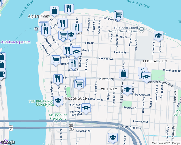 map of restaurants, bars, coffee shops, grocery stores, and more near 929 Homer Street in New Orleans