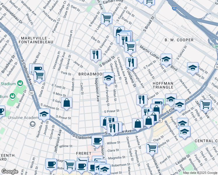 map of restaurants, bars, coffee shops, grocery stores, and more near 3617 General Pershing Street in New Orleans