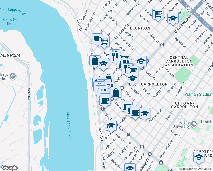 map of restaurants, bars, coffee shops, grocery stores, and more near 828 Dublin Street in New Orleans