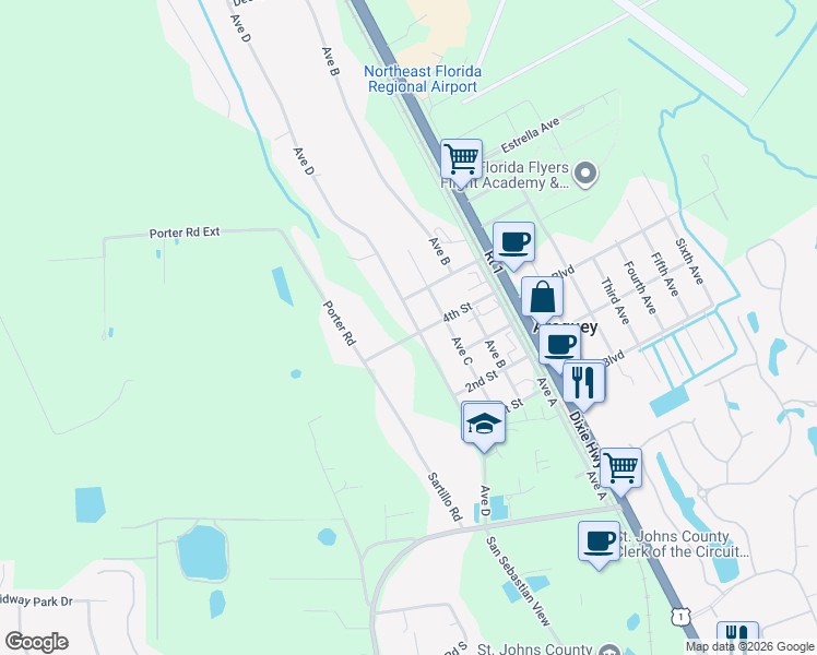 map of restaurants, bars, coffee shops, grocery stores, and more near 4669 Avenue D in St. Augustine