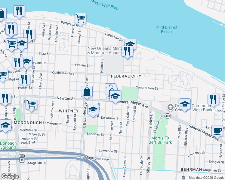 map of restaurants, bars, coffee shops, grocery stores, and more near 844 Sumner Street in New Orleans