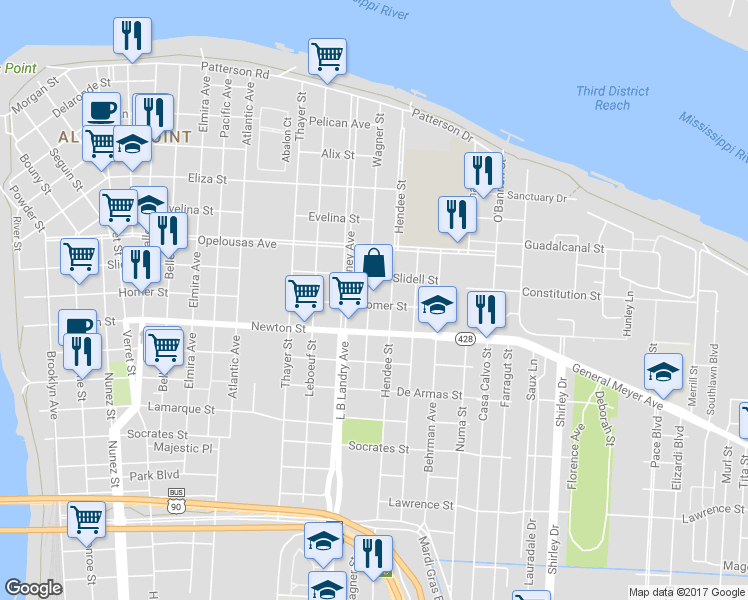 map of restaurants, bars, coffee shops, grocery stores, and more near 901 Hendee Street in New Orleans
