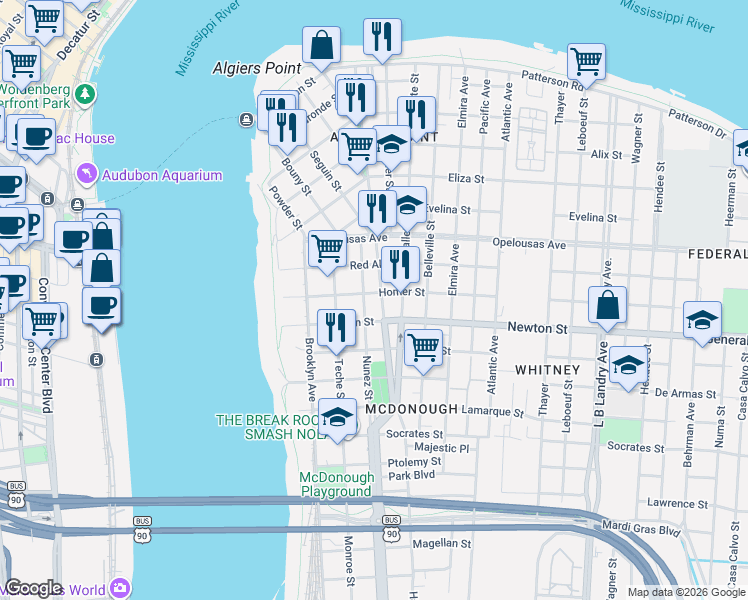 map of restaurants, bars, coffee shops, grocery stores, and more near 920 Nunez Street in New Orleans