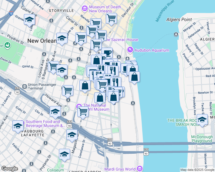 map of restaurants, bars, coffee shops, grocery stores, and more near in New Orleans