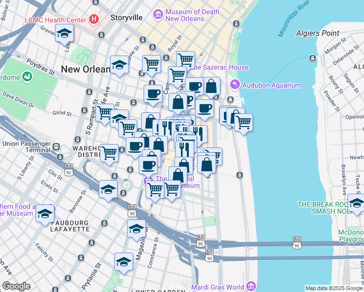 map of restaurants, bars, coffee shops, grocery stores, and more near 731 Tchoupitoulas Street in New Orleans