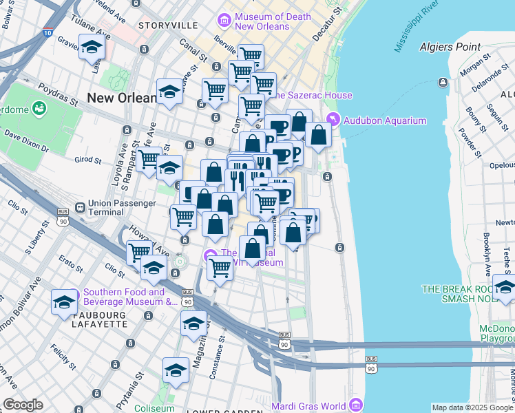map of restaurants, bars, coffee shops, grocery stores, and more near 731 Tchoupitoulas Street in New Orleans