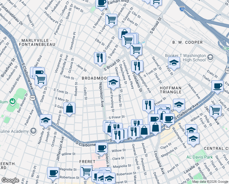 map of restaurants, bars, coffee shops, grocery stores, and more near 4216 South Miro Street in New Orleans