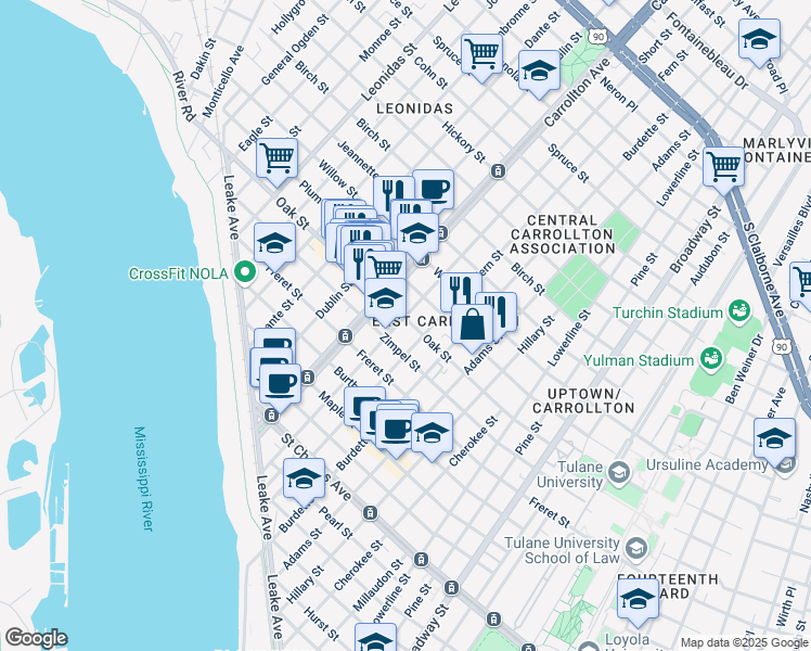 map of restaurants, bars, coffee shops, grocery stores, and more near 1117 Short Street in New Orleans