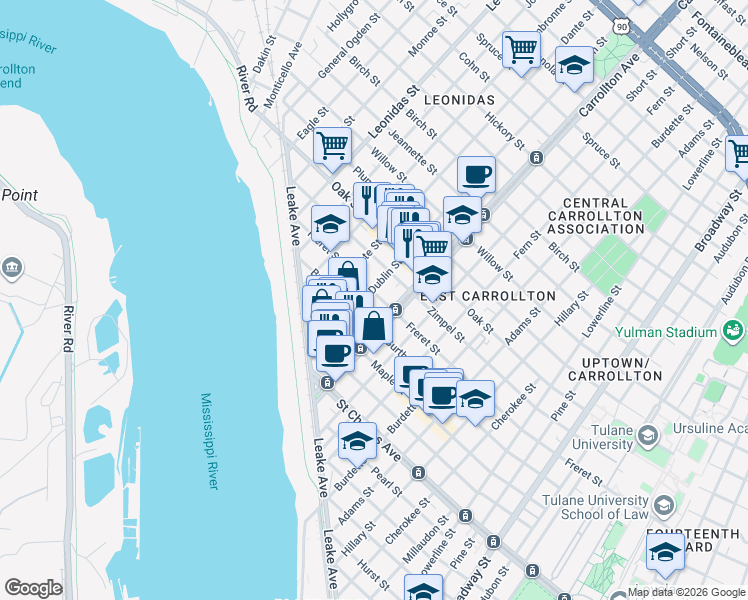map of restaurants, bars, coffee shops, grocery stores, and more near 8112 Freret Street in New Orleans