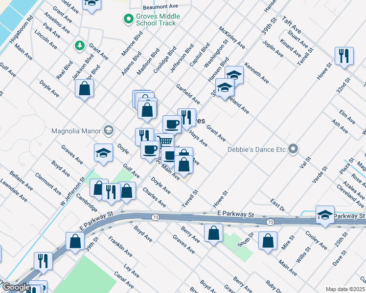 map of restaurants, bars, coffee shops, grocery stores, and more near 3862 Lincoln Avenue in Groves