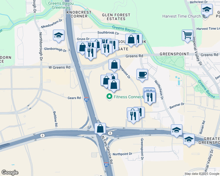 map of restaurants, bars, coffee shops, grocery stores, and more near 12300 North Freeway in Houston