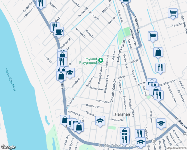 map of restaurants, bars, coffee shops, grocery stores, and more near 660 Resor Avenue in Harahan