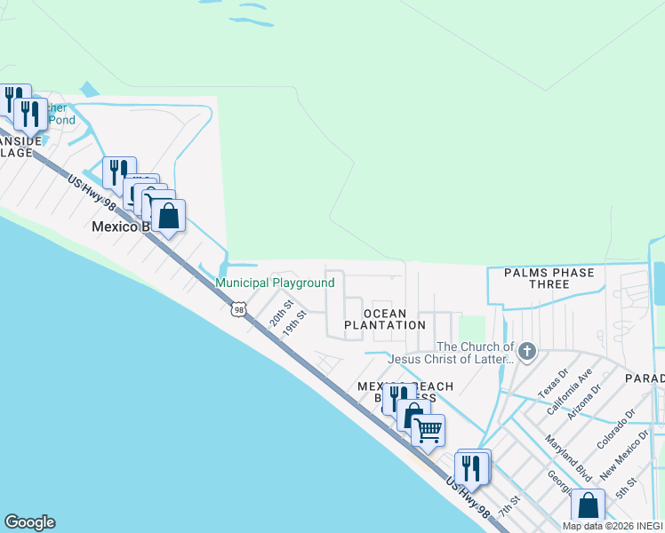 map of restaurants, bars, coffee shops, grocery stores, and more near 250 Lalla Lane in Mexico Beach
