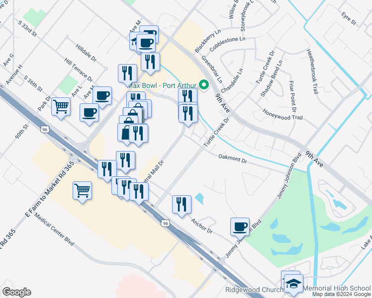 map of restaurants, bars, coffee shops, grocery stores, and more near 3280 Central Mall Drive in Port Arthur