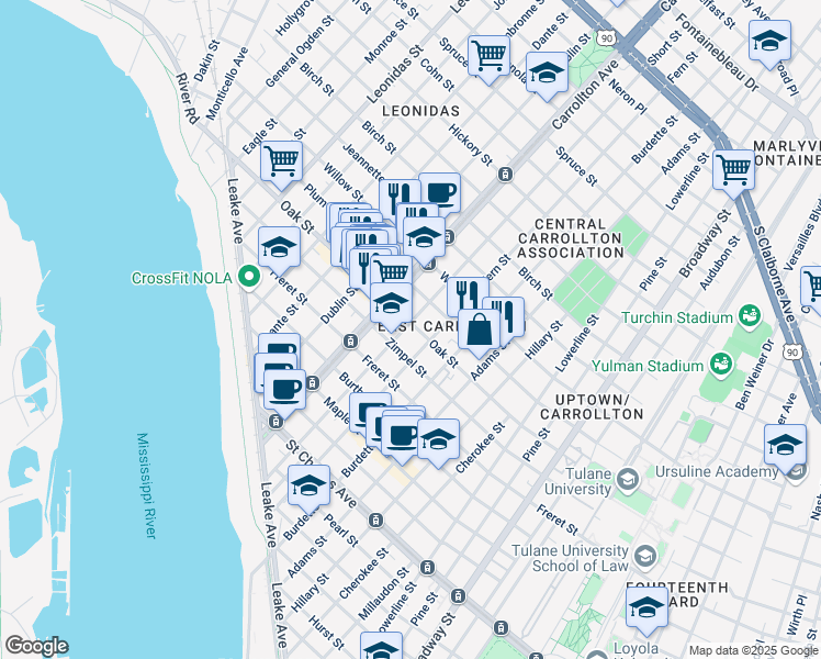 map of restaurants, bars, coffee shops, grocery stores, and more near 1117 Short Street in New Orleans