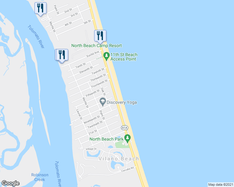 map of restaurants, bars, coffee shops, grocery stores, and more near 3930 Coastal Highway in Saint Augustine