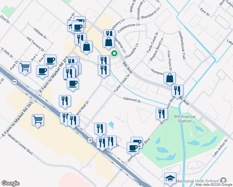 map of restaurants, bars, coffee shops, grocery stores, and more near 3300 Roya Court in Port Arthur